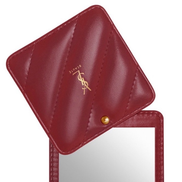 Saint Laurent Quilted Burgundy Leather Compact Mirror with Gold Logo - Picture 2 of 2